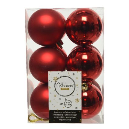 Decoris Kerstballen - 12 stuks - rood - kunststof - 6 cm