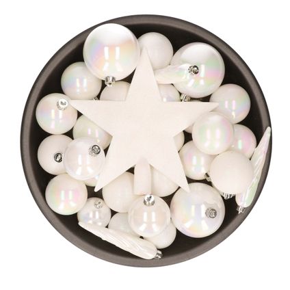 Kerstballen - met piek - 33 stuks - parelmoer wit - 5-6-8 cm