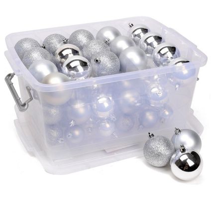 Kerstversiering opbergboxen - met 70 zilveren - kunststof kerstballen