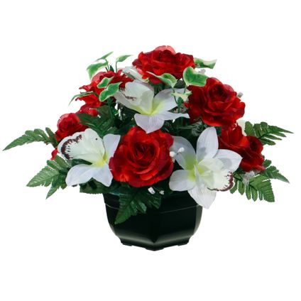 Louis Maes Kunstbloemen orchidee/rozen in pot - kleuren rood/wit - 25 cm