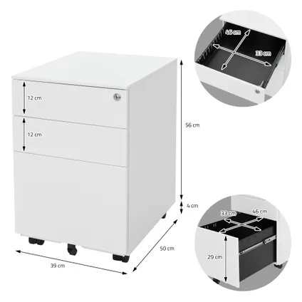 Caisson à roulettes ML-Design meuble rangement blanc avec 3 tiroirs de bureau 39x50x56 cm 6