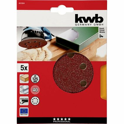 KWB disque de ponçage Ø 125 mm - grain 40 - fixation velcro - 491904 - 5 pièces