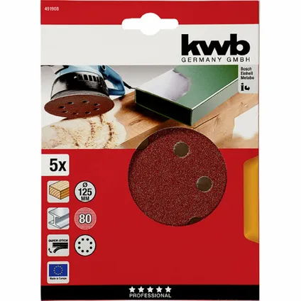 KWB disque de ponçage Ø 125 mm - grain 80 - fixation velcro - 491908 - 5 pièces