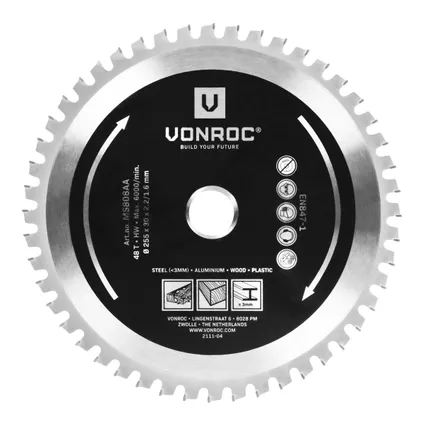 VONROC Multi-material zaagblad - 255 x 30mm – 48 tanden – Voor hout, aluminium, kunststof en staal – 2