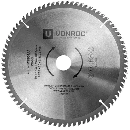 VONROC Zaagblad – Ø254MM – 80 tanden – voor hout – geschikt voor afkortzagen & tafelzagen 3