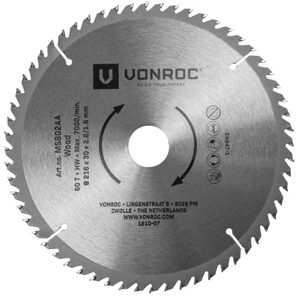 VONROC Zaagblad – Ø216MM – 60 tanden – voor hout – geschikt voor afkortzagen & tafelzagen 3