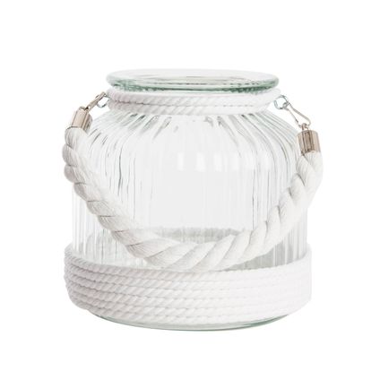 Items Windlicht kaarshouder - wit - glas - met touw - 18 cm