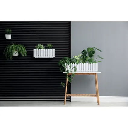 Fence-look plantenbak/bloembak kunststof 58 x 18 x 16 cm parel wit 2