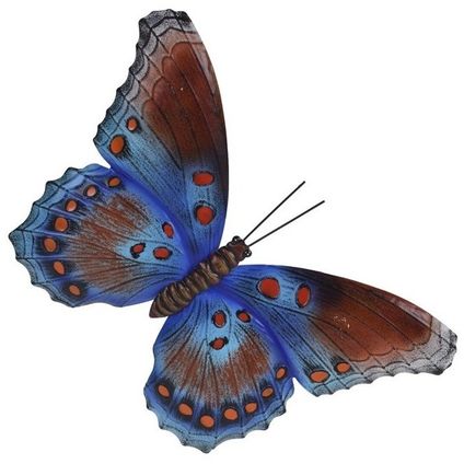 Tuindecoratie muurvlinder - bruin en blauw - metaal - 44 cm