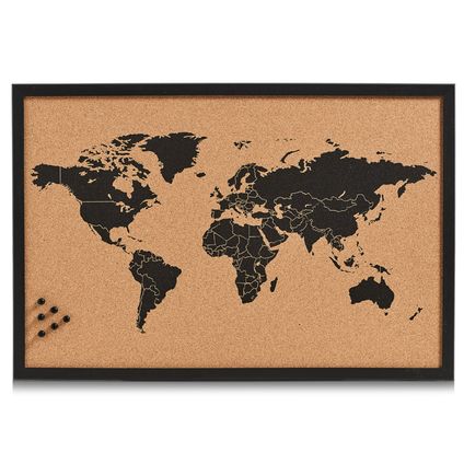 Zeller prikbord/memobord wereldkaart - zwart - 60 x 40 cm - kurk/hout