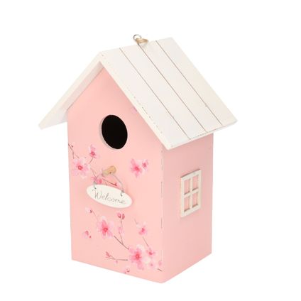 Boltze Vogelhuisje - roze met wit dak - hout nestkastje - 22 cm