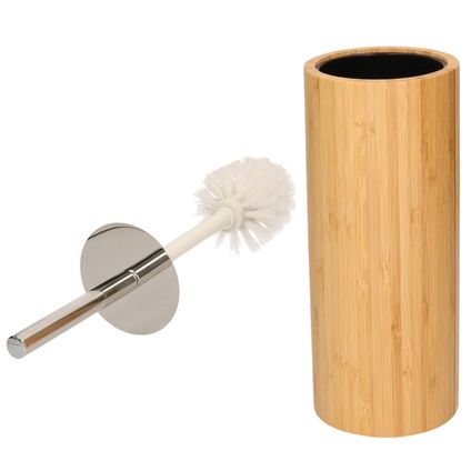 Items Toiletborstel - bruin - RVS handvat - bamboe houder - 37 cm