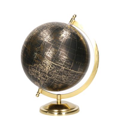 Globe wereldbol - zwart met goud - metalen voet - 22 x 27 cm