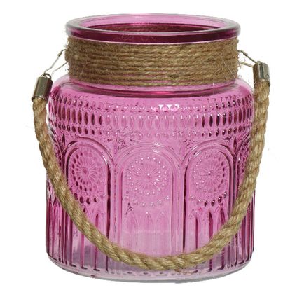 Lumineo Windlicht - roze - relief - glas - D14xH16 cm - lantaarn