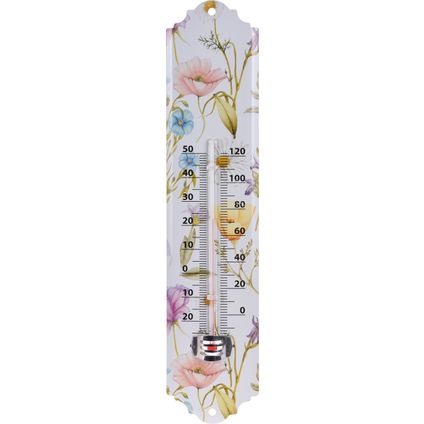 Pro Garden Buiten thermometer - bloemen - wit - metaal - 29cm