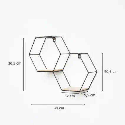 Etagère murale double hexagonale en métal - 30,5x41 cm - Noir 5