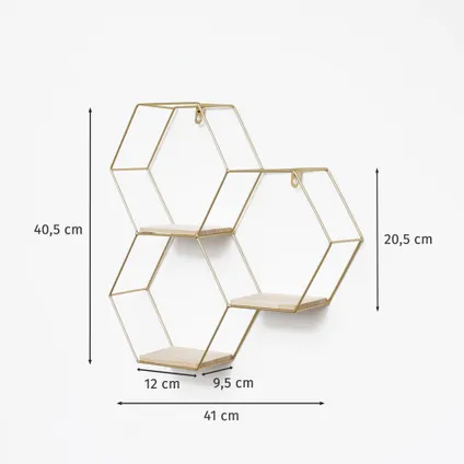 Driedubbel zeshoekig metalen wandrek - 40,5x41 cm - Goud 5