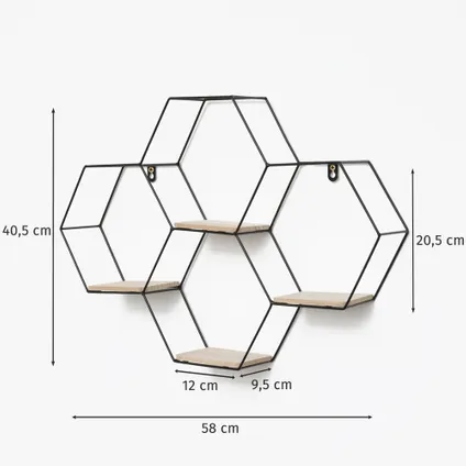 Vierdubbel zeshoekig metalen wandrek - 40,5x58 cm - Zwart 5