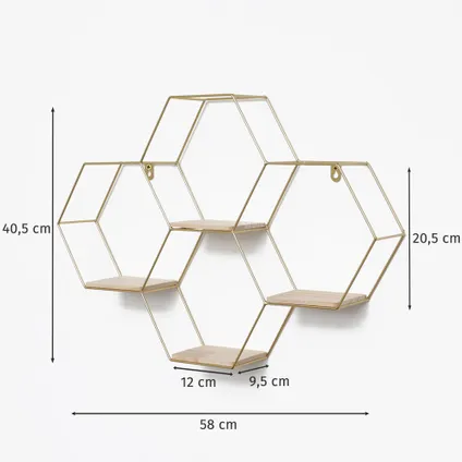 Vierdubbel zeshoekig metalen wandrek - 40,5x58 cm - Goud 5