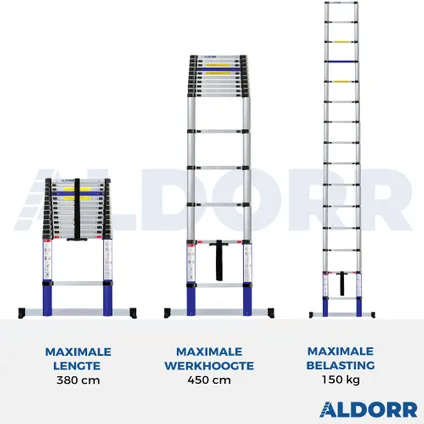 ALDORR Home - Telescoopladder 3,80M - met Stabilisatievoet en Soft closing 2