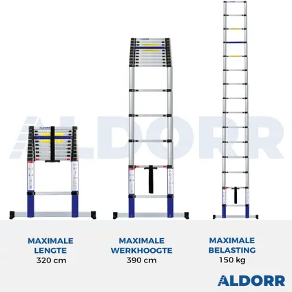 ALDORR Home - Telescoopladder 3,20M - met Stabilisatievoet en Soft closing 2
