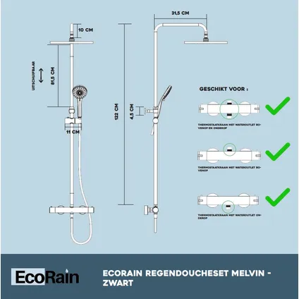 EcoRain Waterbesparende Regendouche Doucheset Melvin 30 cm - zonder thermostaat - Chroom 7