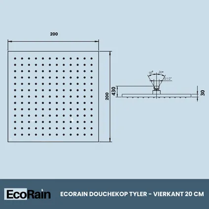Tête de douche pluie carrée EcoRain Tyler 20 cm - Chrome - Acier Inoxydable 4