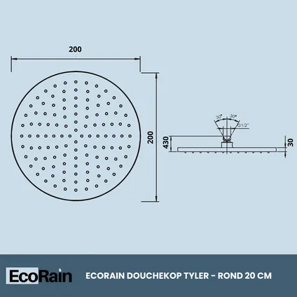 Tête de douche pluie ronde EcoRain Tyler 20 cm - Noir - Acier Inoxydable 6