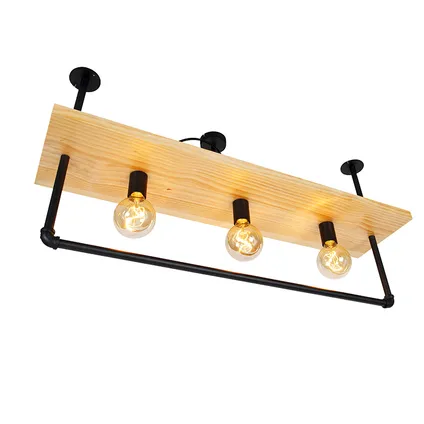 QAZQA Industriële plafondlamp zwart met hout 3-lichts - Shelf 8