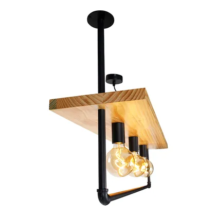 QAZQA Industriële plafondlamp zwart met hout 3-lichts - Shelf 9