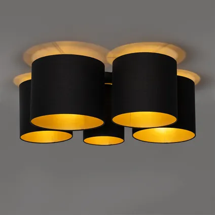 QAZQA Plafonnier noir avec intérieur doré 5 lumières - Multidrum 10