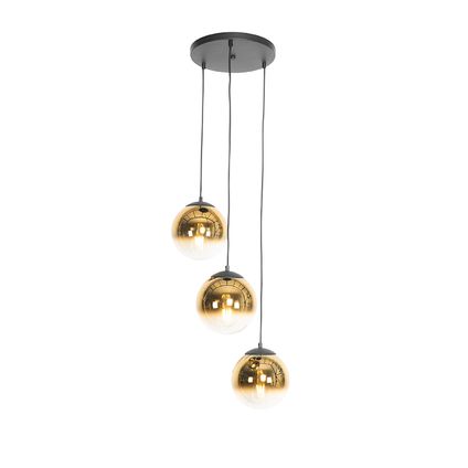 QAZQA Suspension Art Déco noire avec verre doré ronde 3 lumières - Pallon