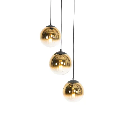 QAZQA Art deco hanglamp zwart met goud glas rond 3-lichts - pallon 3