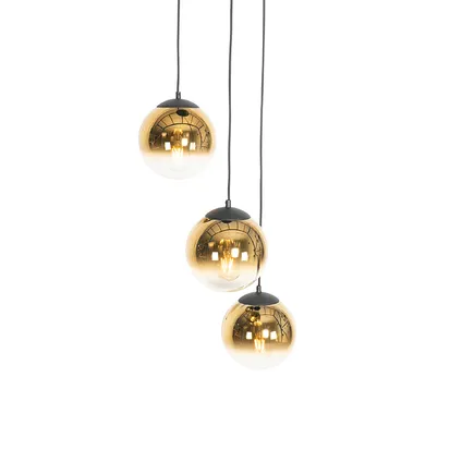 QAZQA Art deco hanglamp zwart met goud glas rond 3-lichts - pallon 7