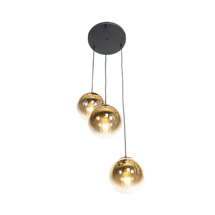 QAZQA Suspension Art Déco noire avec verre doré ronde 3 lumières - Pallon 8