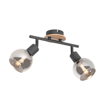 QAZQA Plafondlamp zwart met smoke glas en hout 2-lichts - Vidro