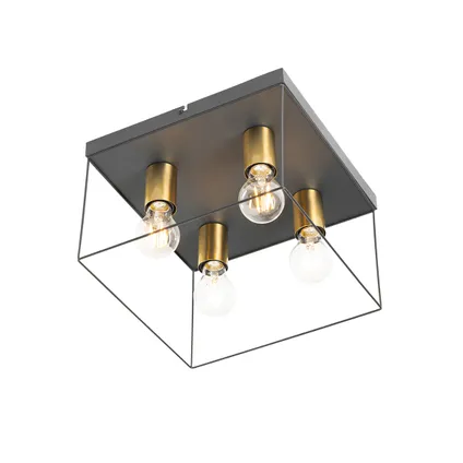 QAZQA Minimalistische plafondlamp zwart met goud 4-lichts vierkant - Kodi 6