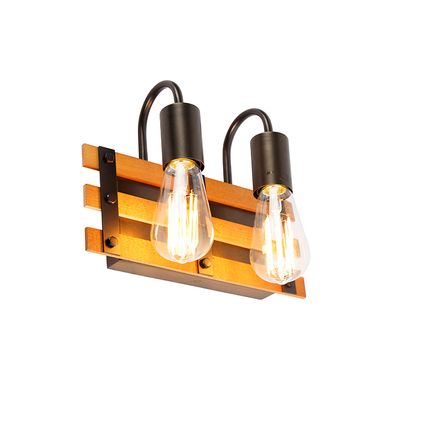 QAZQA Industriële wandlamp zwart met hout 2-lichts - Paleta Mai