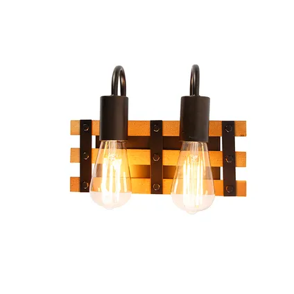 QAZQA Industriële wandlamp zwart met hout 2-lichts - Paleta Mai 7