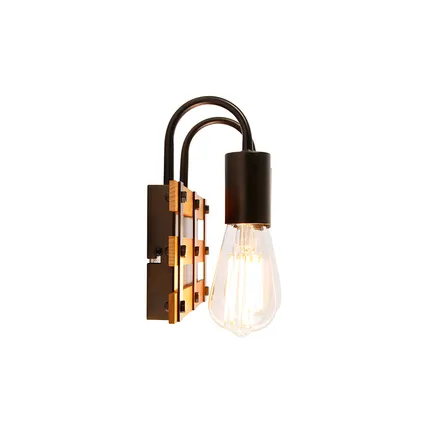 QAZQA Industriële wandlamp zwart met hout 2-lichts - Paleta Mai 8