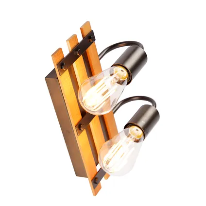 QAZQA Industriële wandlamp zwart met hout 2-lichts - Paleta Mai 9
