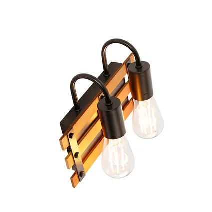 QAZQA Industriële wandlamp zwart met hout 2-lichts - Paleta Mai 10
