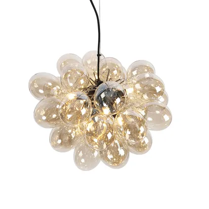 QAZQA Art Deco hanglamp zwart met Amber glas 8-lichts - Uvas 10