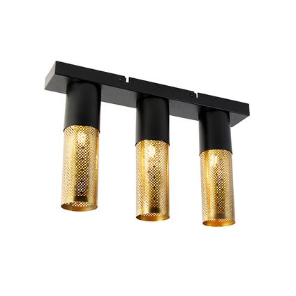 QAZQA Plafonnier industriel noir avec or oblong 3 lumières - Raspi