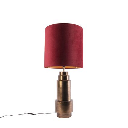 QAZQA Lampe de table art déco bronze velours abat-jour rouge avec or 50cm - Bruut