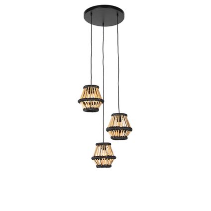 QAZQA Oosterse hanglamp bamboe met zwart rond 3-lichts - Evalin