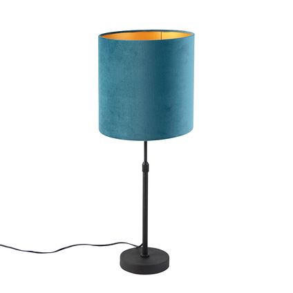 QAZQA Lampe de table noir avec abat-jour velours bleu avec or 25 cm - Parte