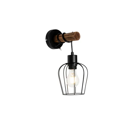 QAZQA Landelijke wandlamp zwart met hout - Stronk 2