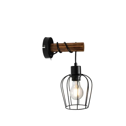 QAZQA Landelijke wandlamp zwart met hout - Stronk 10