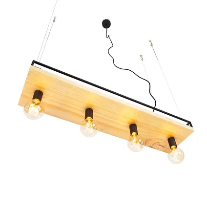 QAZQA Industriële hanglamp zwart met hout 4-lichts - Shelf 7